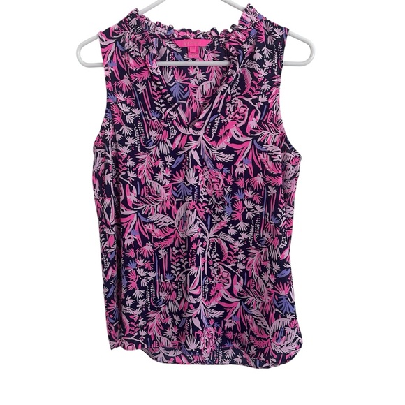 Lilly Pulitzer XS Pink Navy Blue Palm Print Ruffle V-Neck Sleeveless Top - Picture 2 of 3